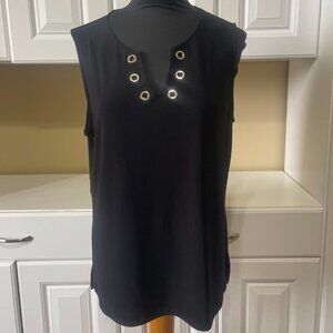 Bali Womens XL Black Tank Top Tunic /w Grommets at V neckline Summer Career